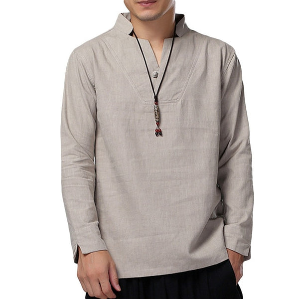 Mens Shirts Dress Cotton Linen Loose Autumn Long Sleeve Shirts V-Neck