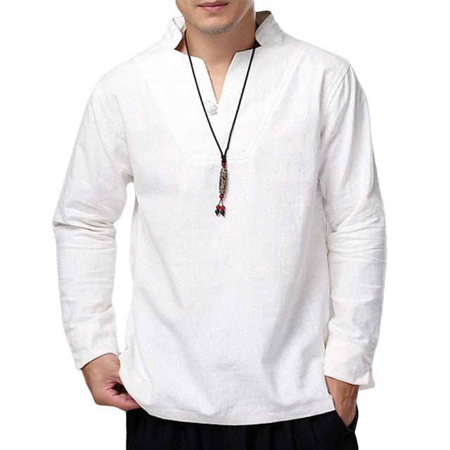 Mens Shirts Dress Cotton Linen Loose Autumn Long Sleeve Shirts V-Neck