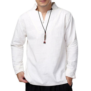 Mens Shirts Dress Cotton Linen Loose Autumn Long Sleeve Shirts V-Neck