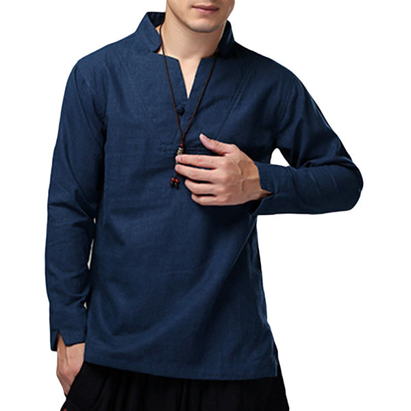 Mens Shirts Dress Cotton Linen Loose Autumn Long Sleeve Shirts V-Neck