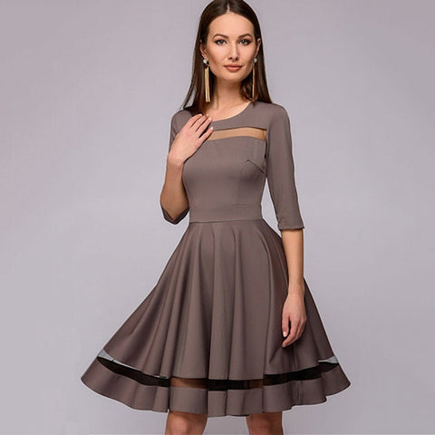 Spring Autumn Vintage Three Quarter Sleeve Dress O-Neck A-Line Patchwork