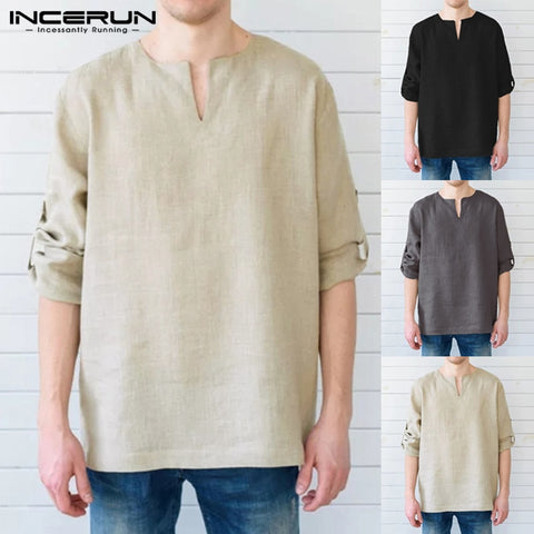 Men Long Sleeve Shirts Dress 100%Cotton V Neck Solid Loose Casual Shirts
