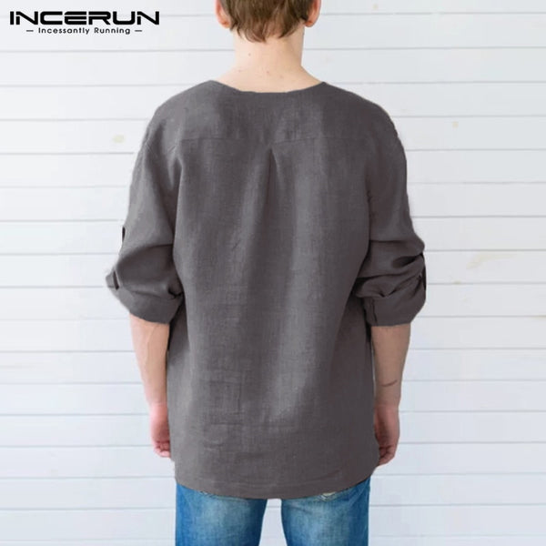 Men Long Sleeve Shirts Dress 100%Cotton V Neck Solid Loose Casual Shirts
