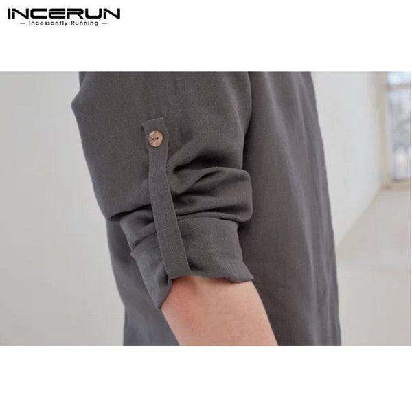 Men Long Sleeve Shirts Dress 100%Cotton V Neck Solid Loose Casual Shirts
