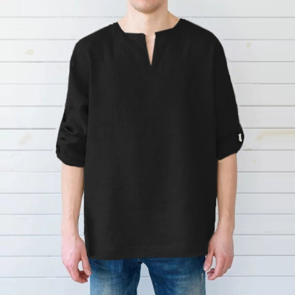 Men Long Sleeve Shirts Dress 100%Cotton V Neck Solid Loose Casual Shirts
