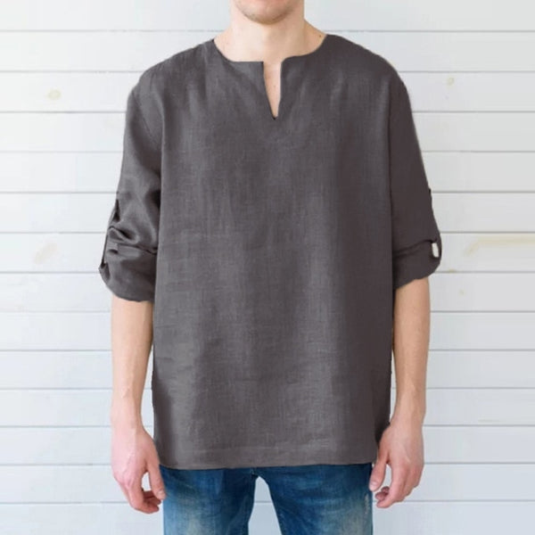 Men Long Sleeve Shirts Dress 100%Cotton V Neck Solid Loose Casual Shirts