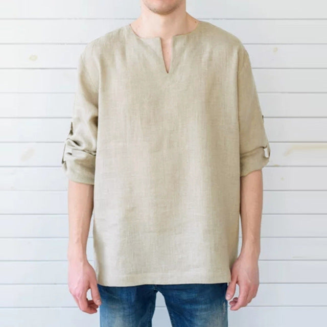 Men Long Sleeve Shirts Dress 100%Cotton V Neck Solid Loose Casual Shirts