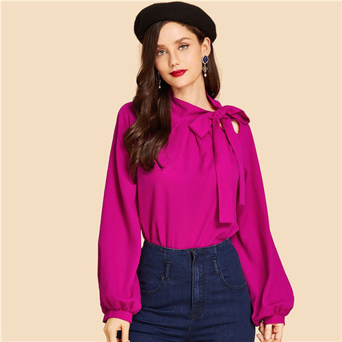 Pink Tie Neck Plain Top Vintage Stand Collar Long Sleeve Blouses Women Autumn