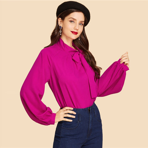 Pink Tie Neck Plain Top Vintage Stand Collar Long Sleeve Blouses Women Autumn