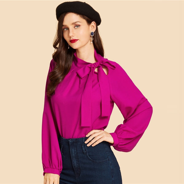 Pink Tie Neck Plain Top Vintage Stand Collar Long Sleeve Blouses Women Autumn