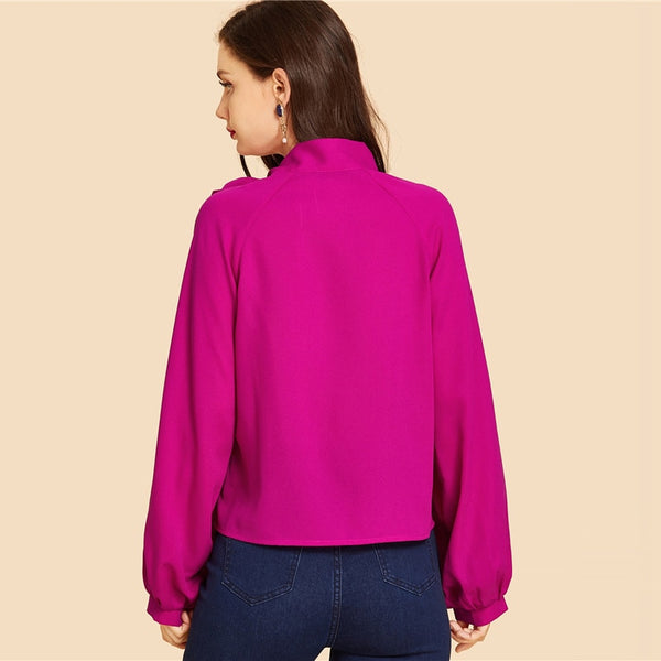 Pink Tie Neck Plain Top Vintage Stand Collar Long Sleeve Blouses Women Autumn