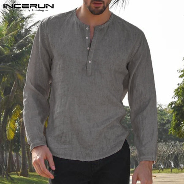 Long Sleeve Dress Henley Shirt Solid Loose Casual Shirts For Men