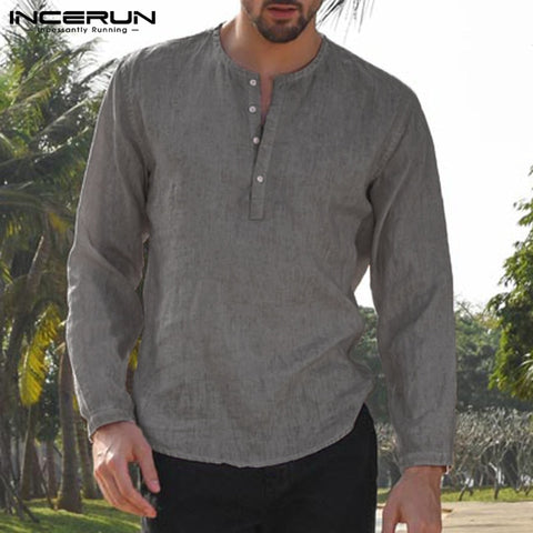 Long Sleeve Dress Henley Shirt Solid Loose Casual Shirts For Men