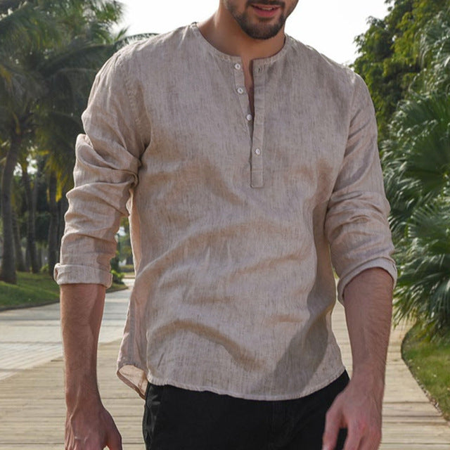 Long Sleeve Dress Henley Shirt Solid Loose Casual Shirts For Men
