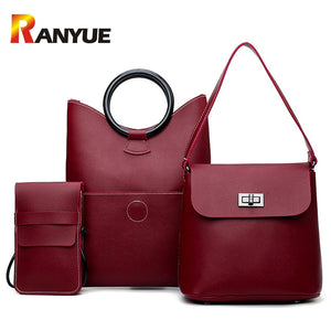 Soft Pu Leather 3 pieces  Shoulder Bag 2018 Female Lock Messenger Bag Small Phone Bag Set