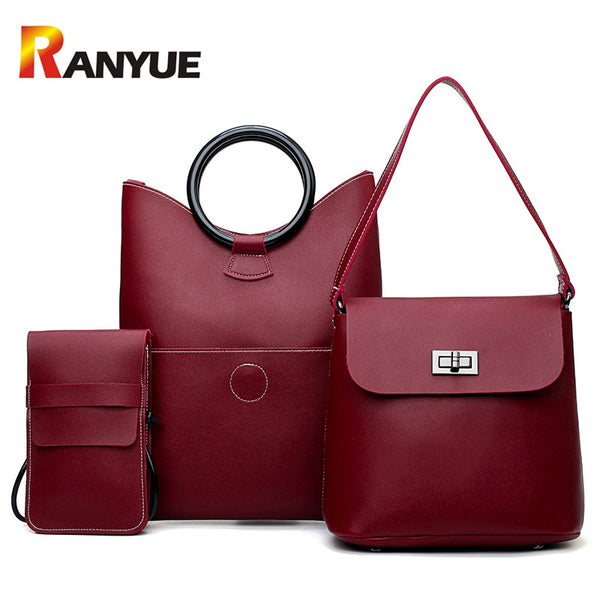 Soft Pu Leather 3 pieces  Shoulder Bag 2018 Female Lock Messenger Bag Small Phone Bag Set