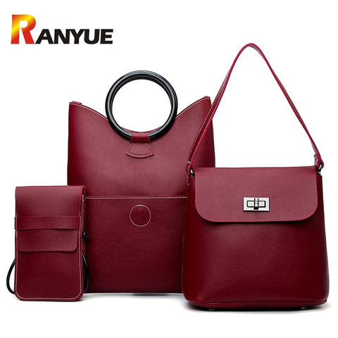 Soft Pu Leather 3 pieces  Shoulder Bag 2018 Female Lock Messenger Bag Small Phone Bag Set