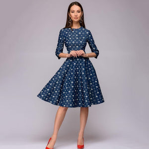 winter Dress Flower Print Half Quarter sleeve patchwork Dress Women casual