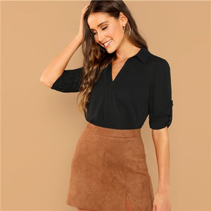 Black Solid Roll Tab Sleeve V Neck  2018 Autumn  Workwear Office Lady