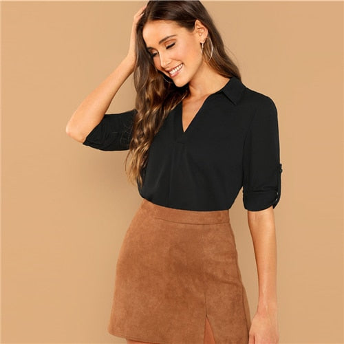 Black Solid Roll Tab Sleeve V Neck  2018 Autumn  Workwear Office Lady