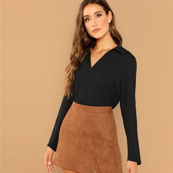 Black Solid Roll Tab Sleeve V Neck  2018 Autumn  Workwear Office Lady