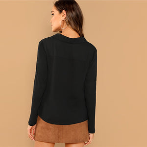 Black Solid Roll Tab Sleeve V Neck  2018 Autumn  Workwear Office Lady