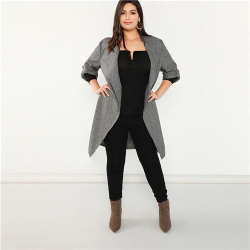 Grey Waterfall Collar Roll Tab Sleeve Office Wear Long Trench Coat 2018 Elegant Lady Outerwear