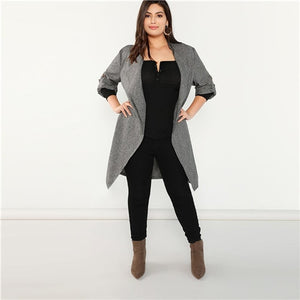 Grey Waterfall Collar Roll Tab Sleeve Office Wear Long Trench Coat 2018 Elegant Lady Outerwear