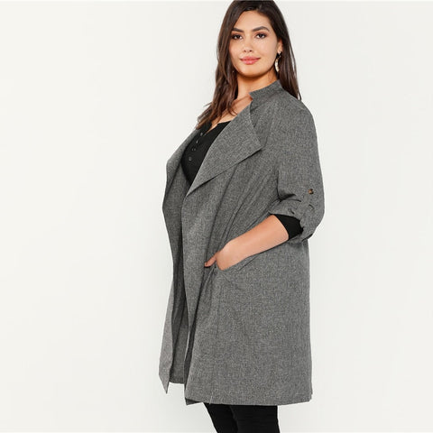 Grey Waterfall Collar Roll Tab Sleeve Office Wear Long Trench Coat 2018 Elegant Lady Outerwear