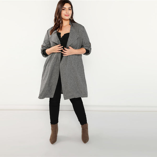 Grey Waterfall Collar Roll Tab Sleeve Office Wear Long Trench Coat 2018 Elegant Lady Outerwear