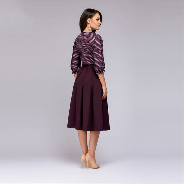 Flower Print Three Quarter sleeve patchwork Dress Women casual