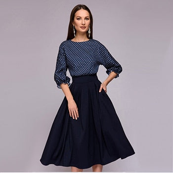 Flower Print Three Quarter sleeve patchwork Dress Women casual