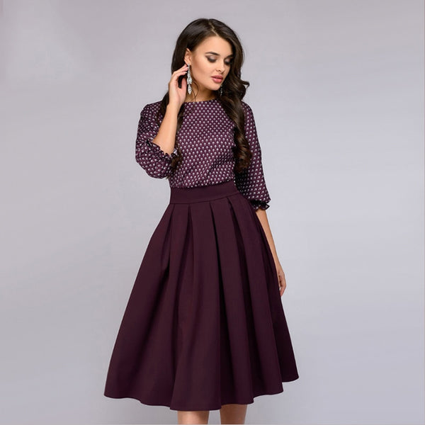 Flower Print Three Quarter sleeve patchwork Dress Women casual