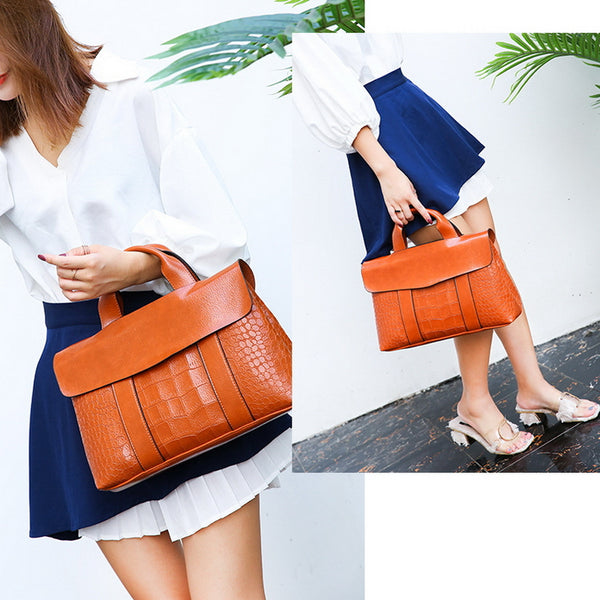 Double Layer Waxy Leather Handbag Luxury Crocodile Women Bags High capacity Bag PU Leather