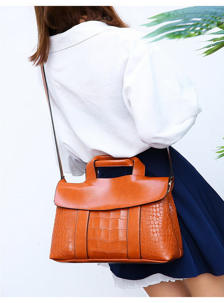 Double Layer Waxy Leather Handbag Luxury Crocodile Women Bags High capacity Bag PU Leather