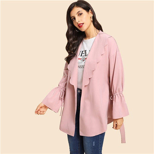 Pink Office Lady Elegant Drawstring Scallop Trim Knot Bell Sleeve Coat 2018 Autumn