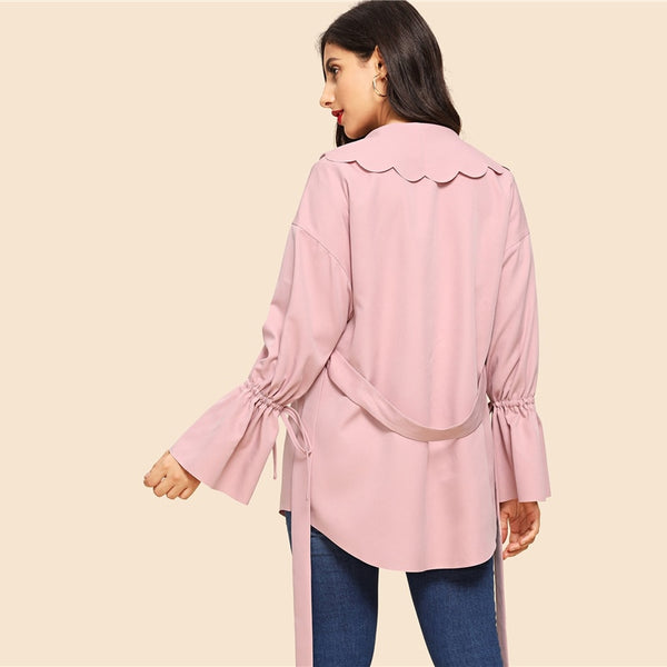 Pink Office Lady Elegant Drawstring Scallop Trim Knot Bell Sleeve Coat 2018 Autumn
