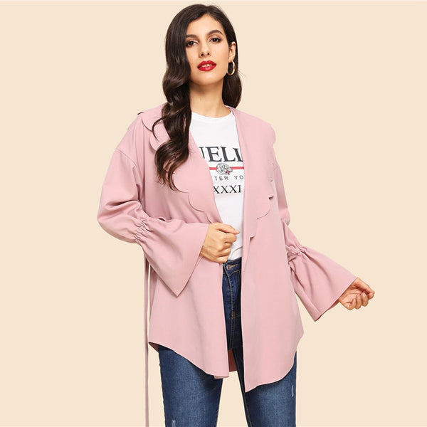 Pink Office Lady Elegant Drawstring Scallop Trim Knot Bell Sleeve Coat 2018 Autumn