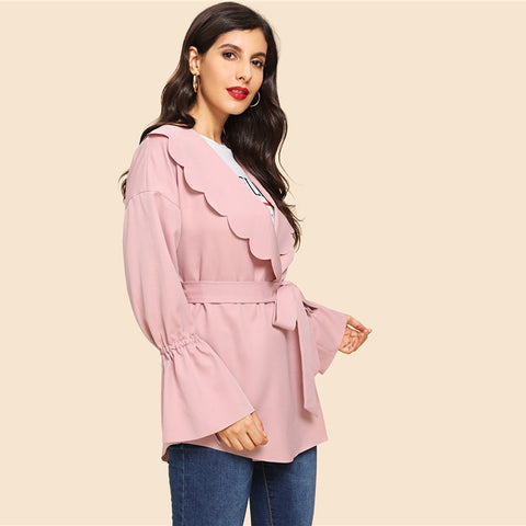 Pink Office Lady Elegant Drawstring Scallop Trim Knot Bell Sleeve Coat 2018 Autumn