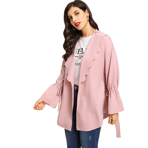 Pink Office Lady Elegant Drawstring Scallop Trim Knot Bell Sleeve Coat 2018 Autumn