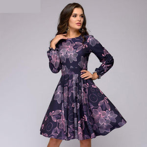 printing A-line dress Elegant purple color ruffles long sleeve short dress