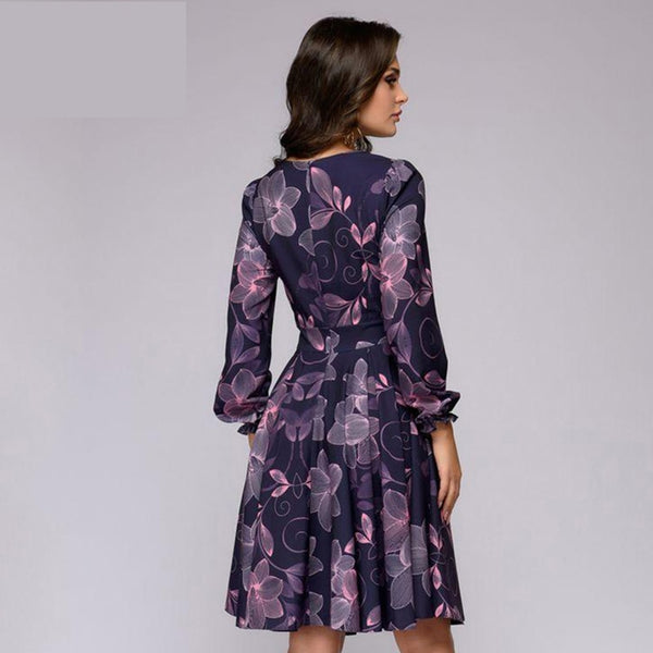 printing A-line dress Elegant purple color ruffles long sleeve short dress