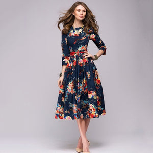 printing Knee-Length dress 2018 autumn winter fashion three quarter sleeve