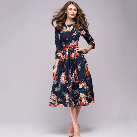 printing Knee-Length dress 2018 autumn winter fashion three quarter sleeve