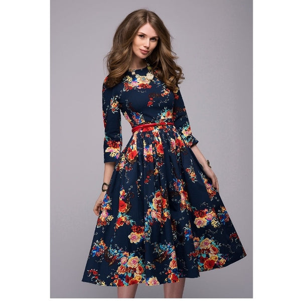 printing Knee-Length dress 2018 autumn winter fashion three quarter sleeve