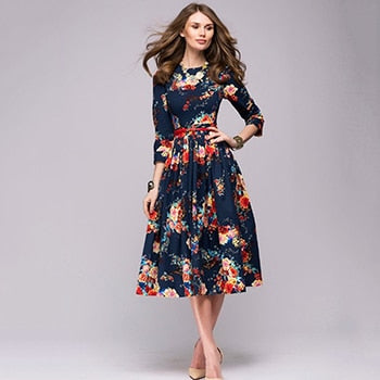 printing Knee-Length dress 2018 autumn winter fashion three quarter sleeve
