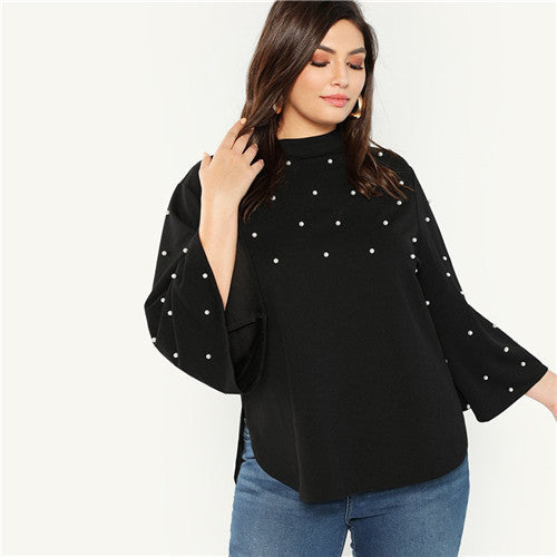 Black Stand Collar Pearl Beaded Long Flare Sleeve Stand Collar Women