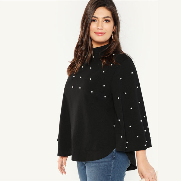 Black Stand Collar Pearl Beaded Long Flare Sleeve Stand Collar Women