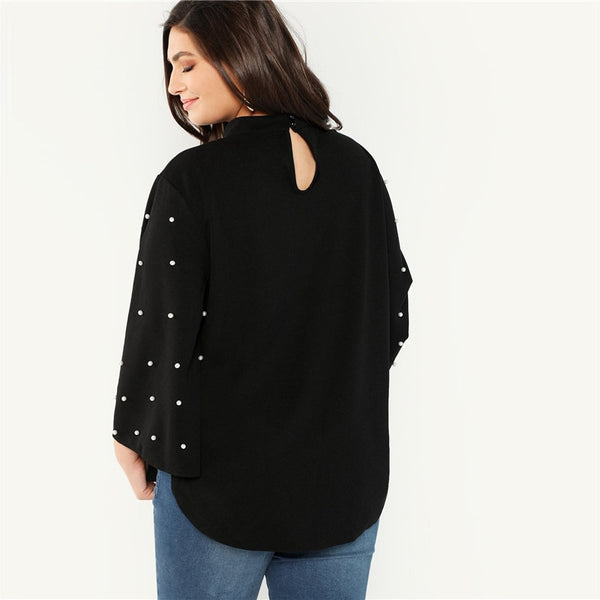 Black Stand Collar Pearl Beaded Long Flare Sleeve Stand Collar Women
