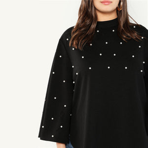 Black Stand Collar Pearl Beaded Long Flare Sleeve Stand Collar Women
